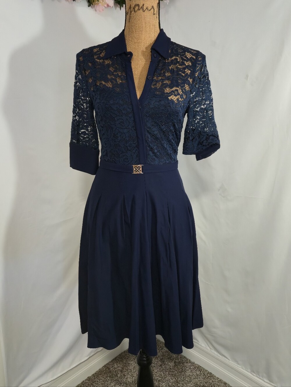 Lace-Detail Collared Midi Dress in Navy